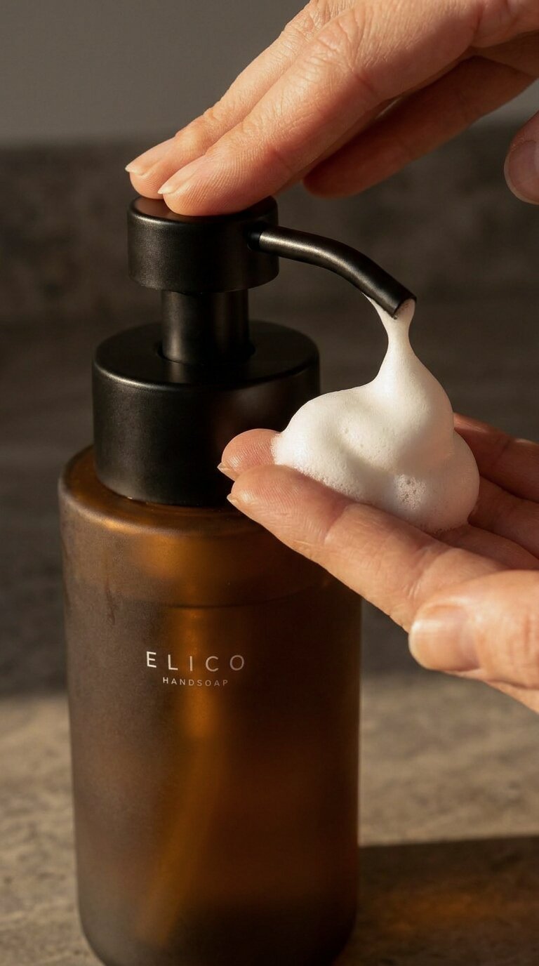 Schuim wordt uit de dispenser in een hand gepompt