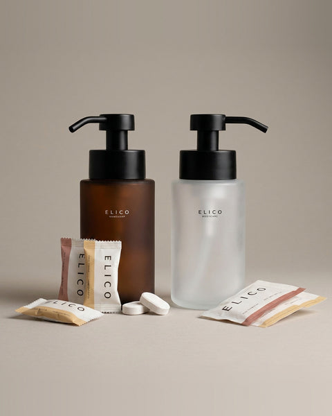 Hand and Body duo: glass hand soap and body wash dispensers with refills