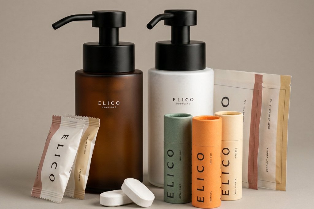 Amberkleurige en matglazen dispenser met refills en Mini Deo