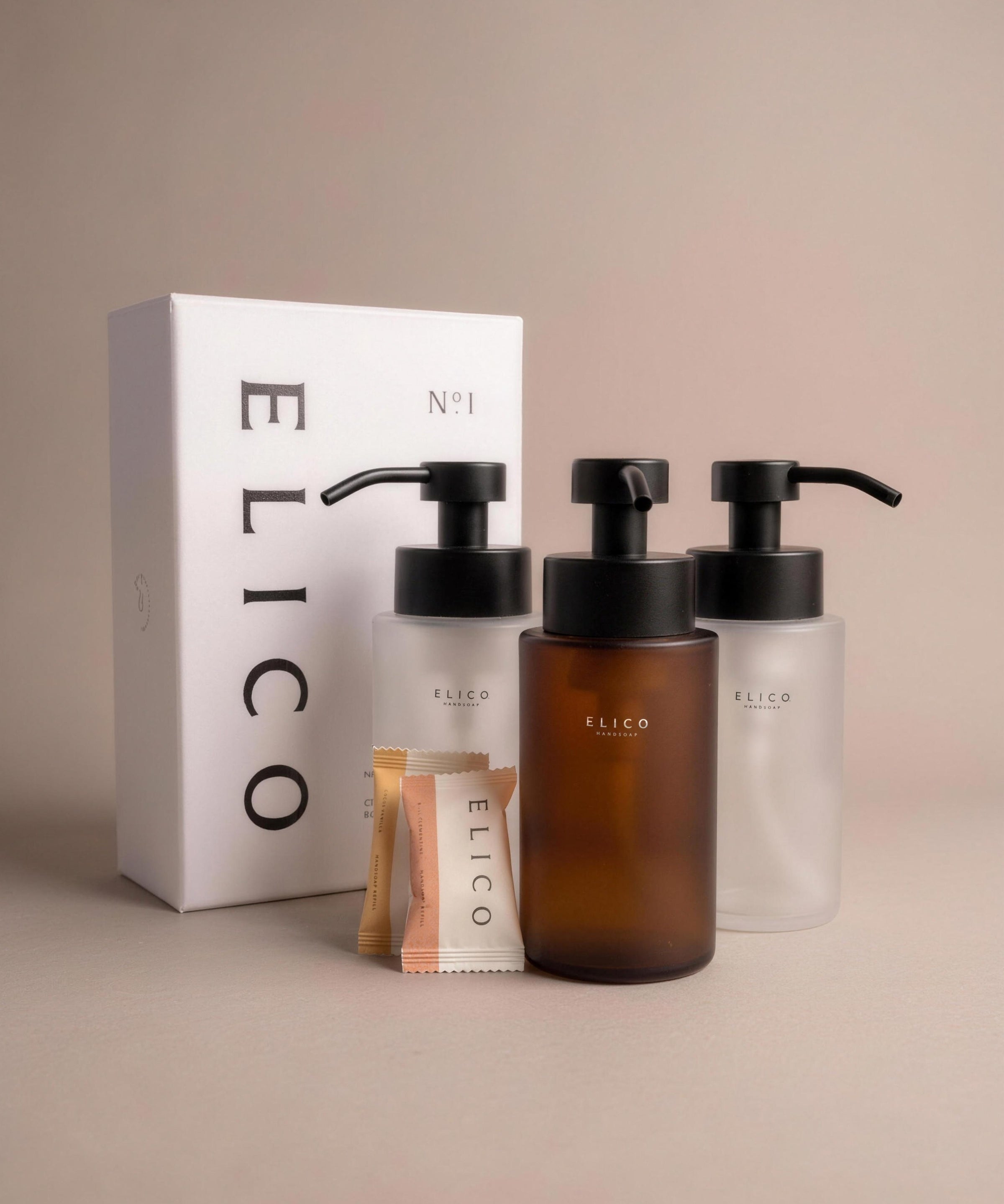Hand Soap Trio: three glass hand soap dispensers with refills