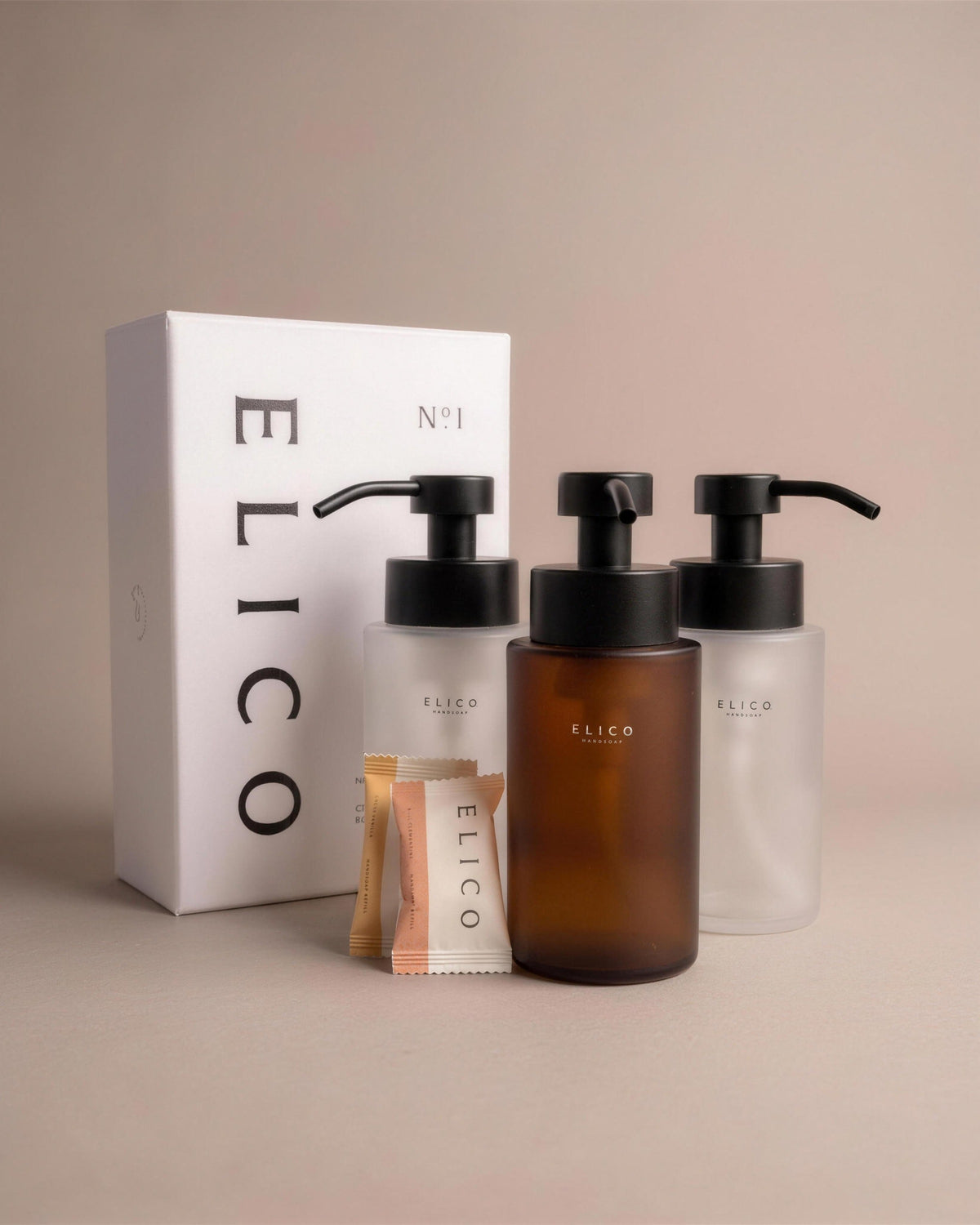Hand Soap Trio: three glass hand soap dispensers with refills