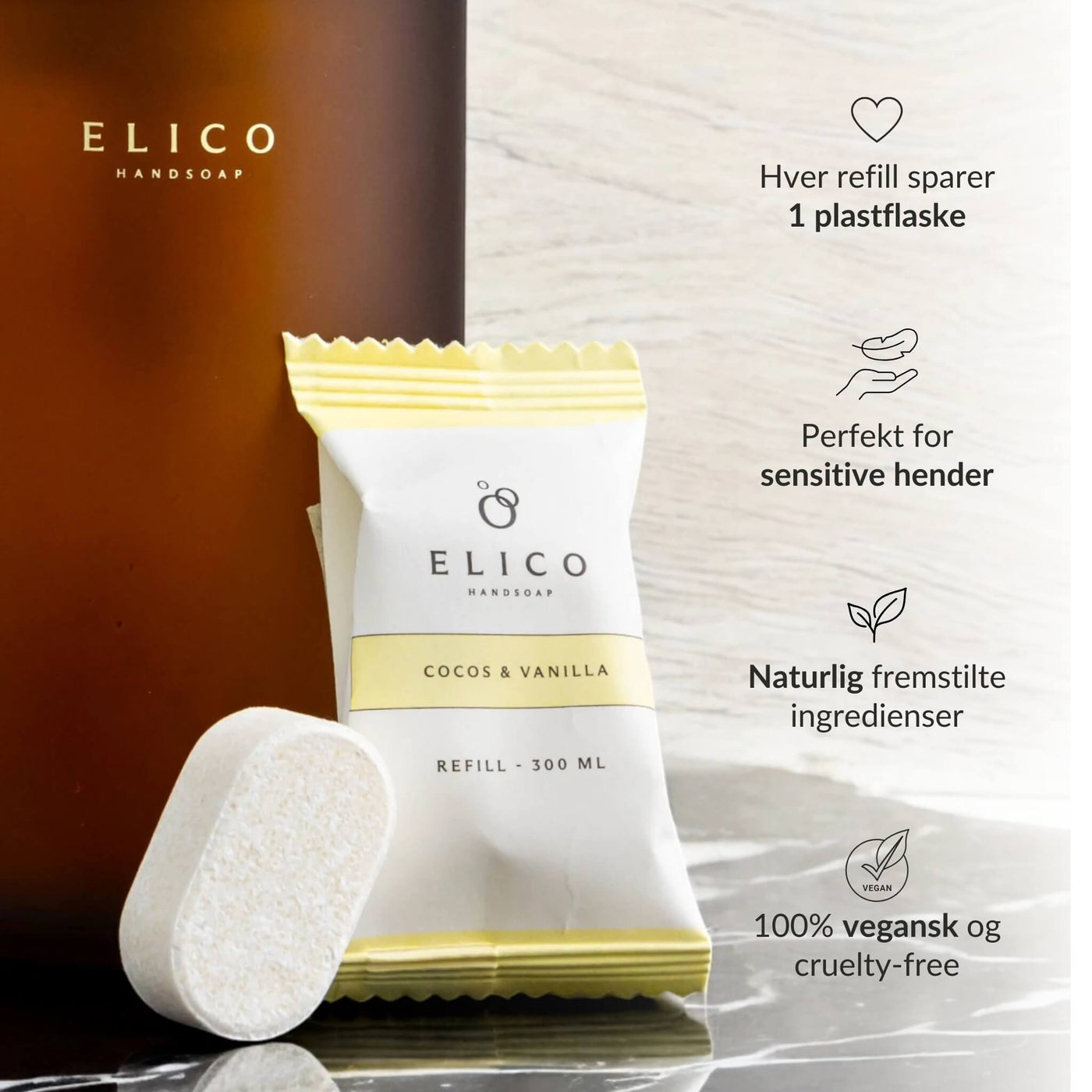 Elico refill soap tablet in Coco & Vanilla – each refill saves one plastic bottle, perfect for sensitive hands, made with natural derived ingredients and 100% vegan