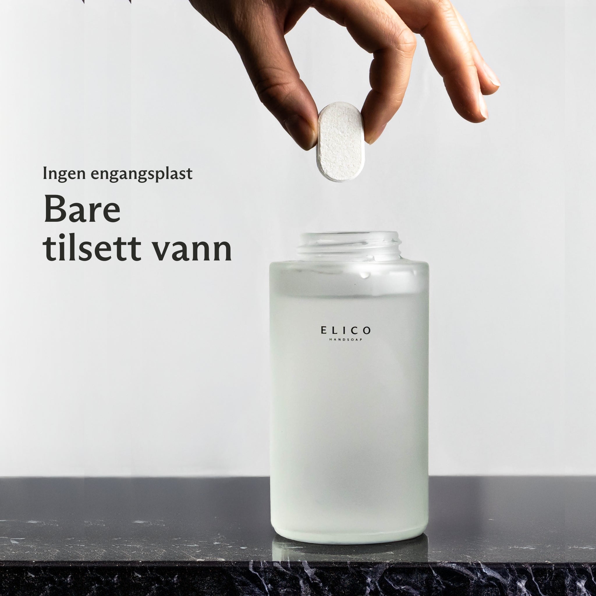 Refill soap tablet for hand soap from Elico, to be mixed with water in a glass dispenser – without single-use plastic